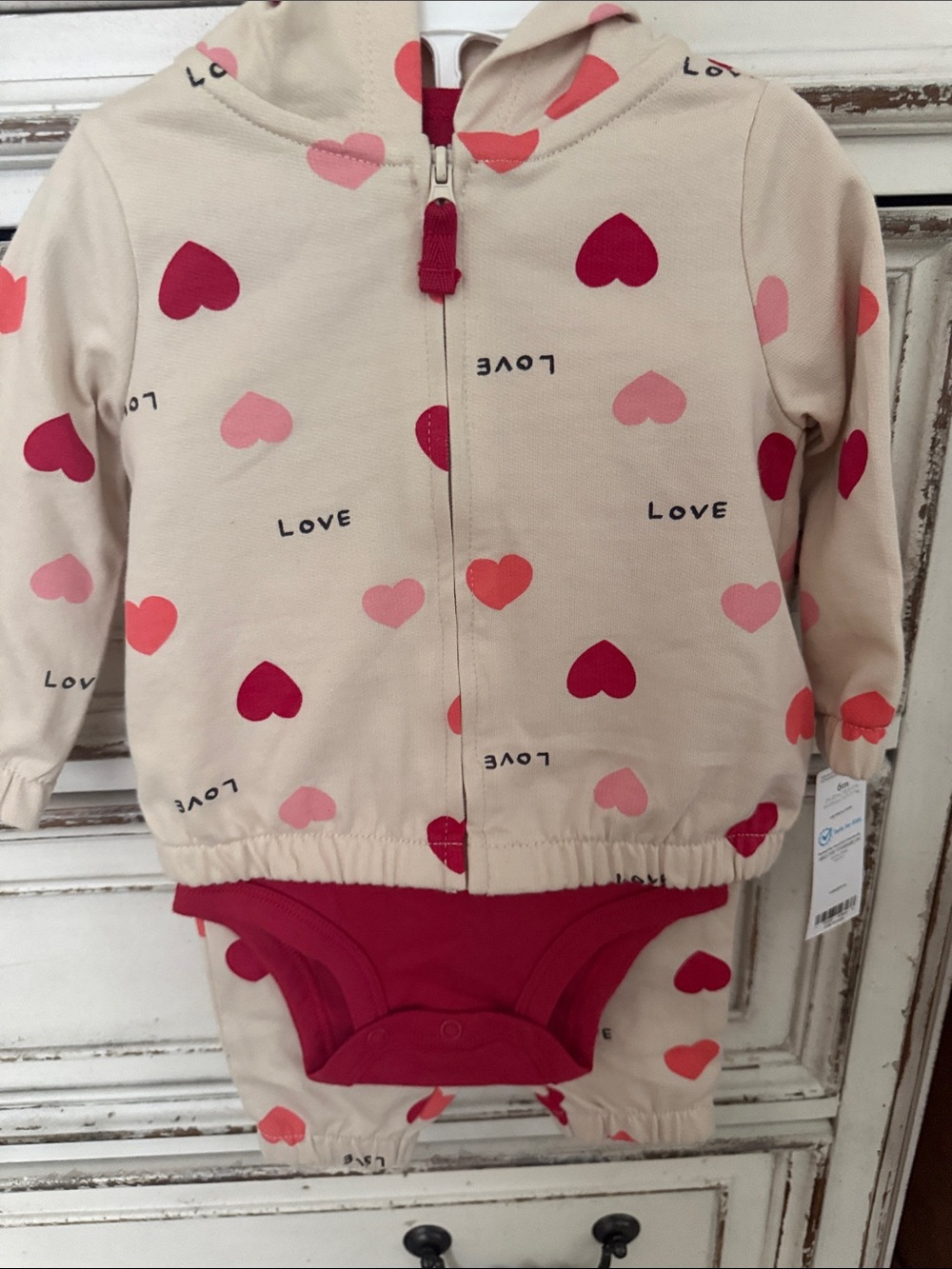Baby Heart Print Zip Hoodie Bodysuit - Cream & Red Hearts